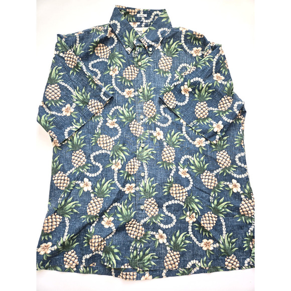Reyn Spooner Blue Floral Pineapple Hawaiian Camp Shirt - Men’s Size Large EUC - Picture 1 of 14